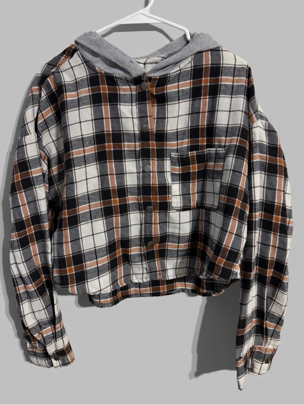 Kids Hooded Plaid Snap-Front Shirt Jacket - Brown & Gray